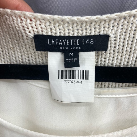 Lafayette 148 Oversized V-Neck Sweater Cotton Silk Ivory with Gold Sequins - Picture 6 of 9